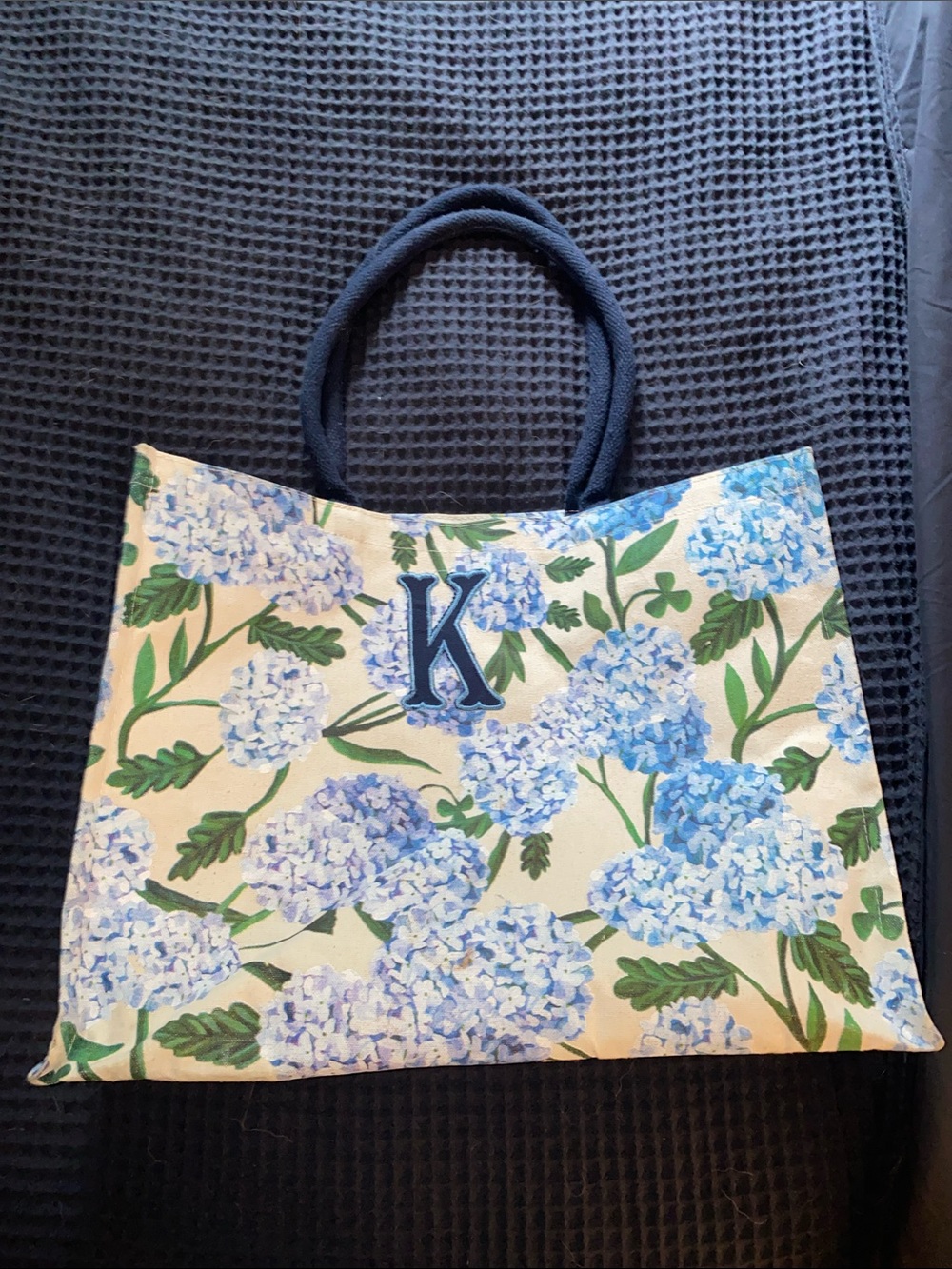 Floral Hydrangea Canvas Tote Bag with Navy Handles